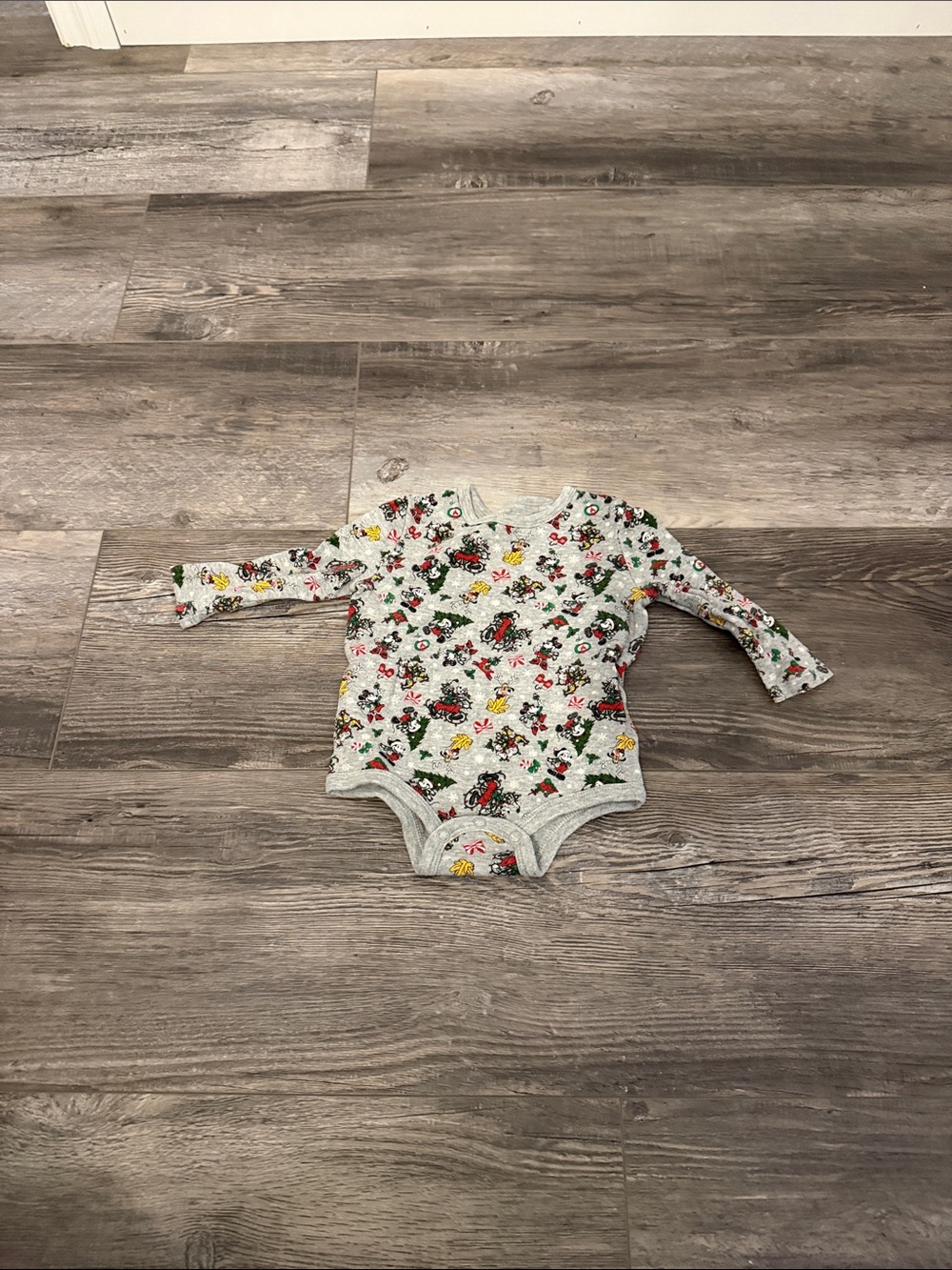 Disney Baby Long-Sleeve One-Piece in Heather Gray with Holiday Print